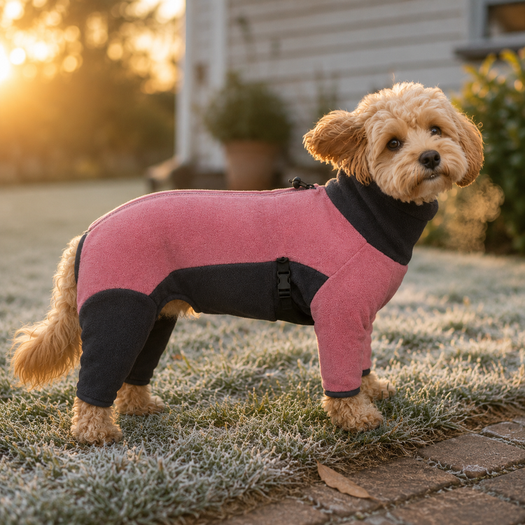 Dog wearing the pink full-body dog coat on a frosty Australian morning