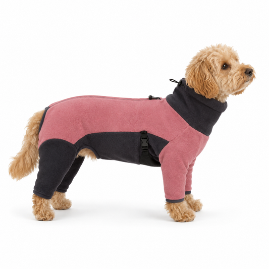 Pink full-body dog coat — studio view
