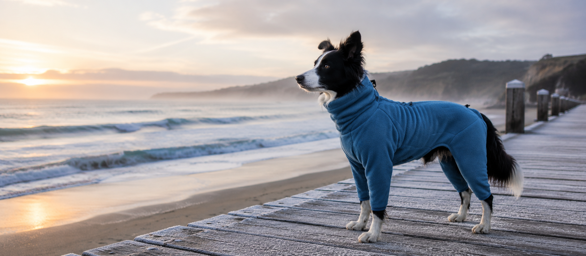 Border Collie on a frosty beach jetty at sunrise
