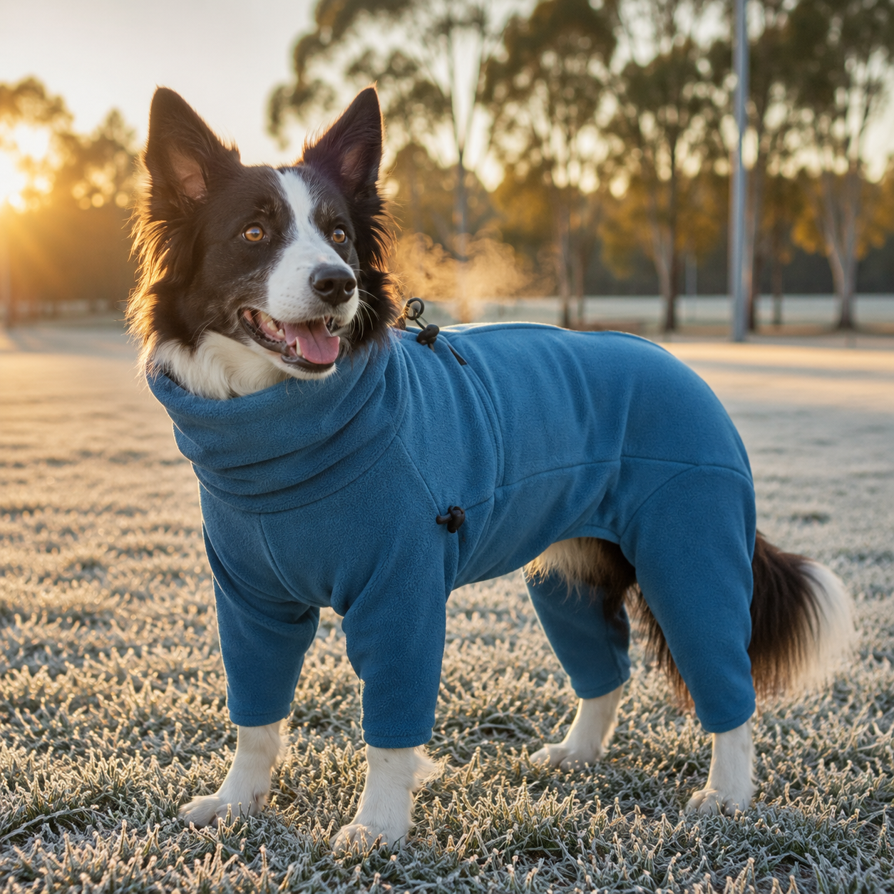 Border Collie wearing the blue full-body dog coat on a frosty oval