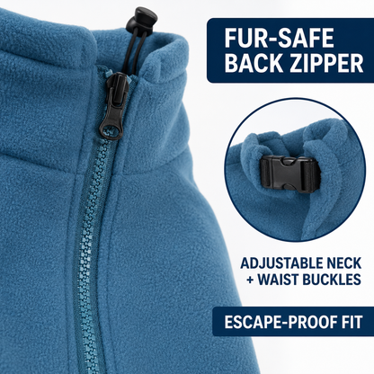 Fur-safe back zipper and adjustable neck and waist buckles