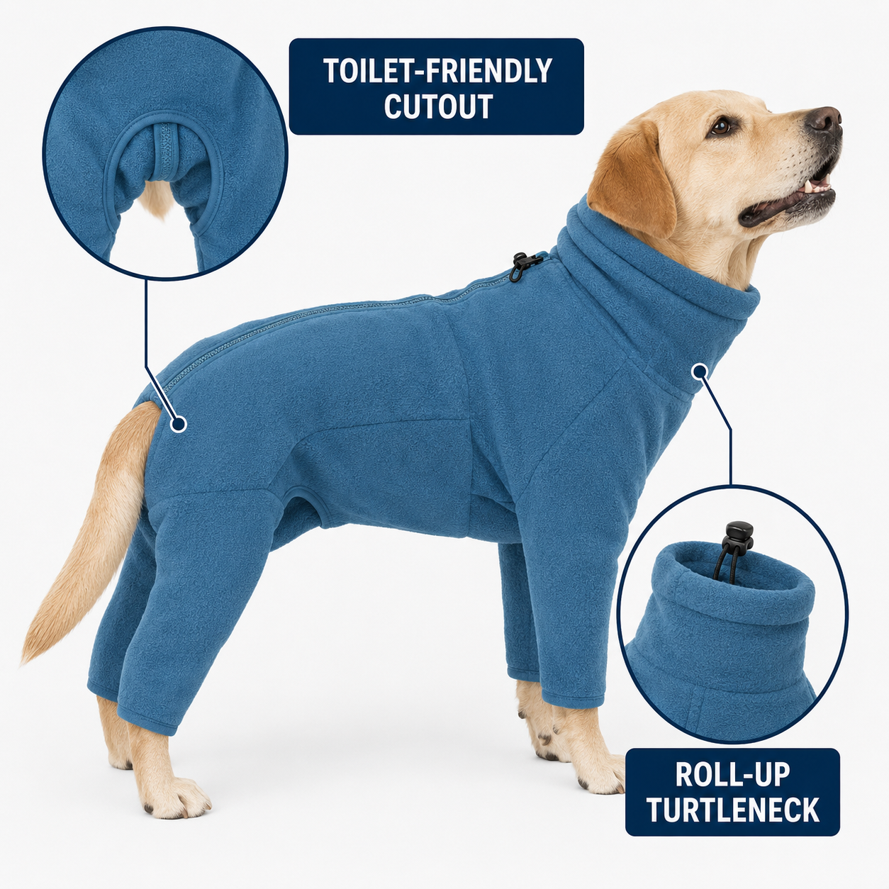Toilet-friendly cutout and roll-up turtleneck