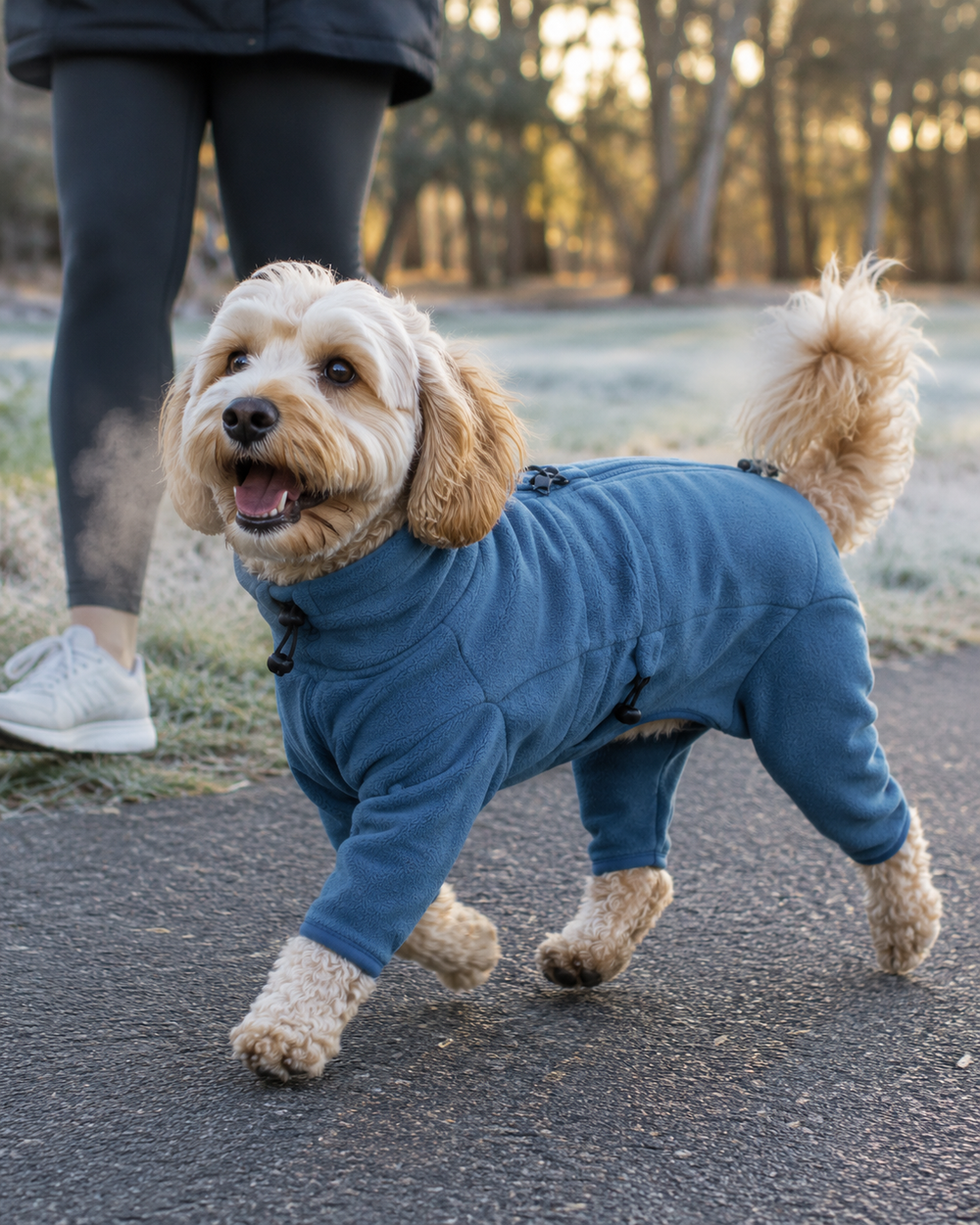 Cavoodle on a frosty morning walk in the blue coat