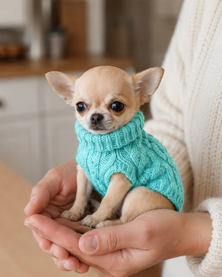 Teacup Chihuahua in the sky blue Elegant Puppy Knit, held in two hands