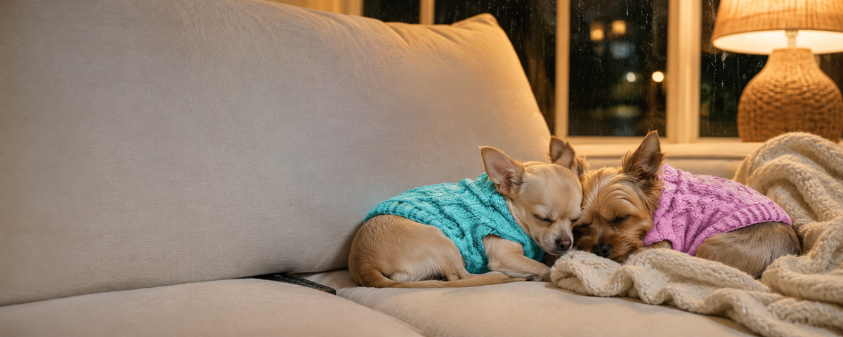 Two tiny dogs asleep on a couch in sky blue and pink knits