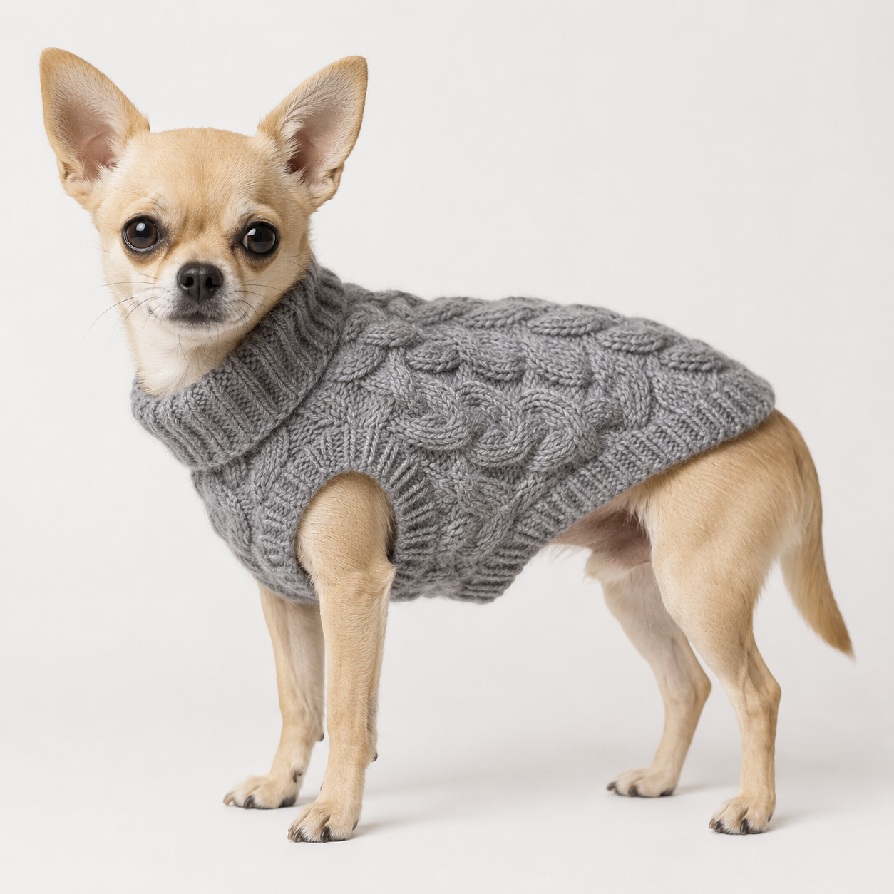 Chihuahua wearing the grey Elegant Puppy Knit cable turtleneck vest, studio