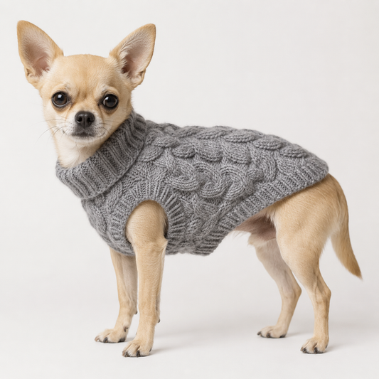 Chihuahua wearing the grey Elegant Puppy Knit cable turtleneck vest, studio