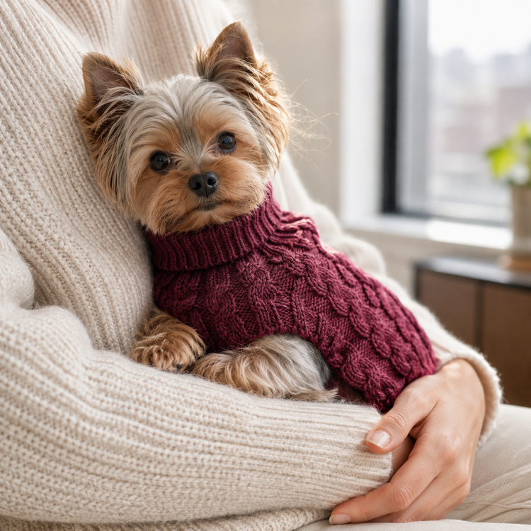 Yorkshire Terrier in the wine red Elegant Puppy Knit, cradled in owner's arm