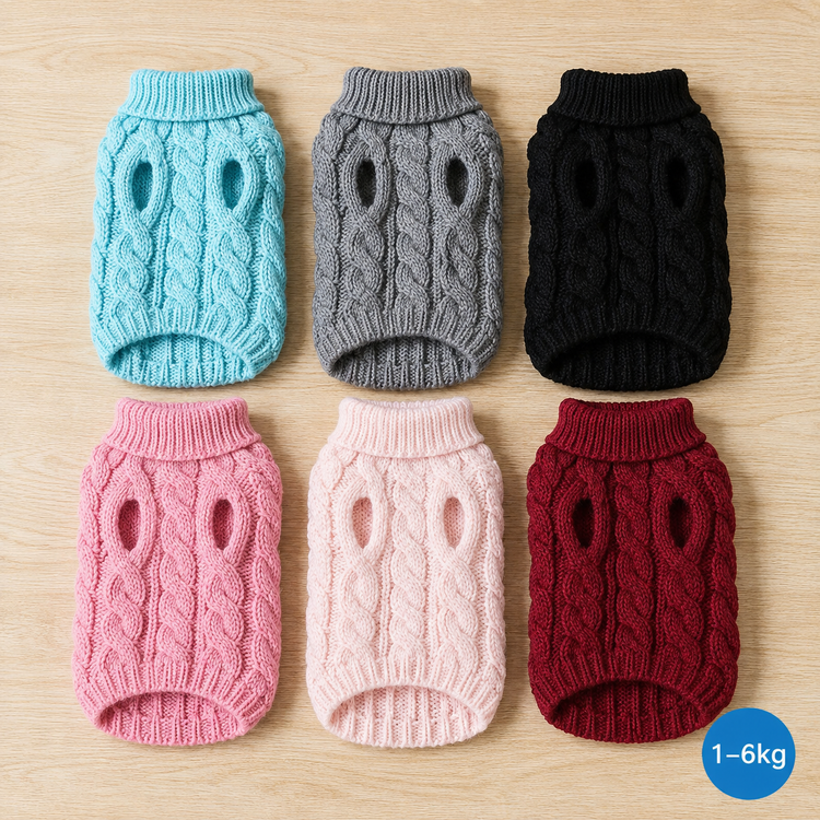 All six Elegant Puppy Knit colours flat lay — for dogs 1 to 6kg