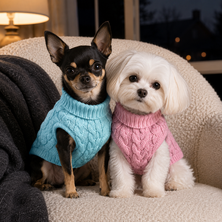 Chihuahua in sky blue and Maltese in pink Elegant Puppy Knits on an armchair
