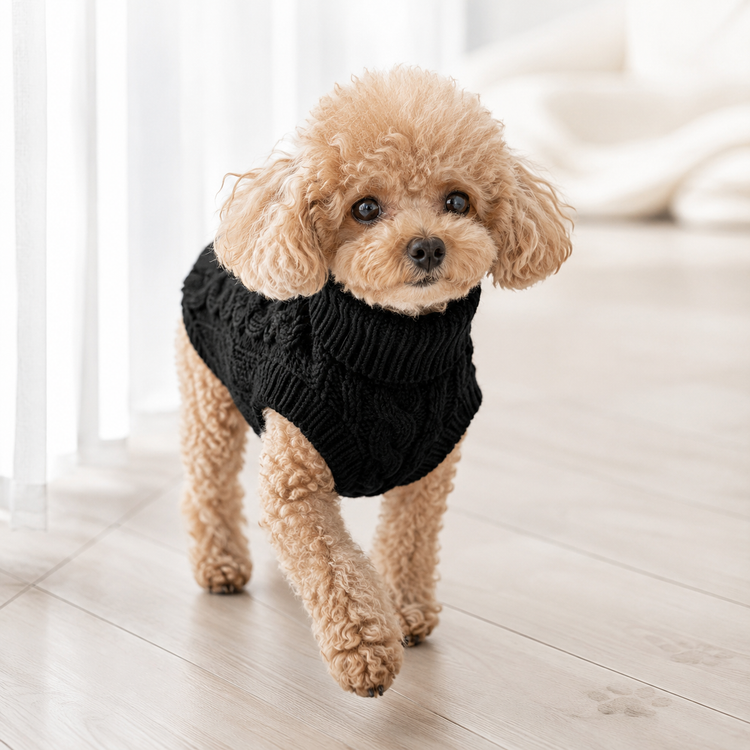 Toy Poodle walking in the black Elegant Puppy Knit, front legs free