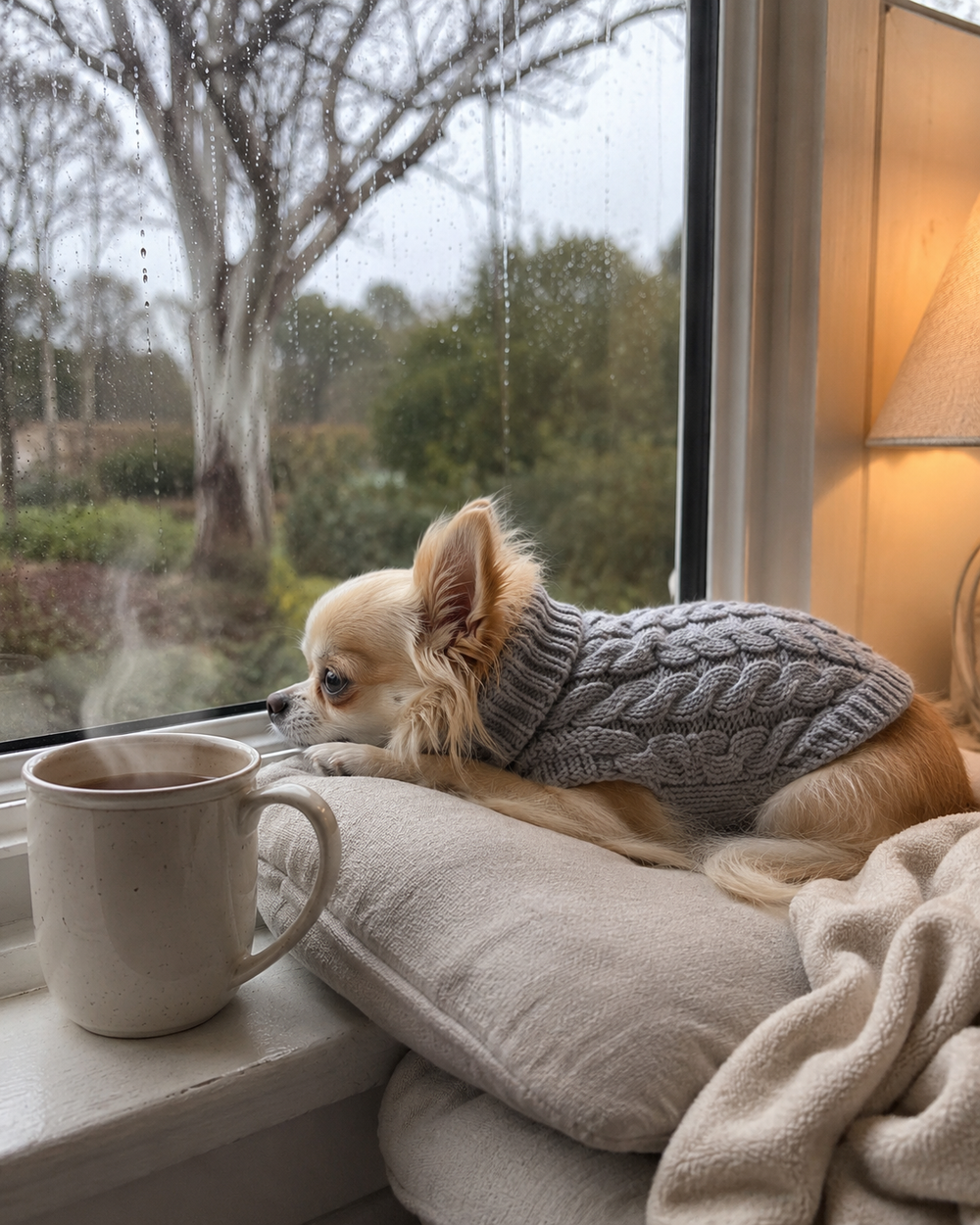 Chihuahua in grey knit on a winter windowsill